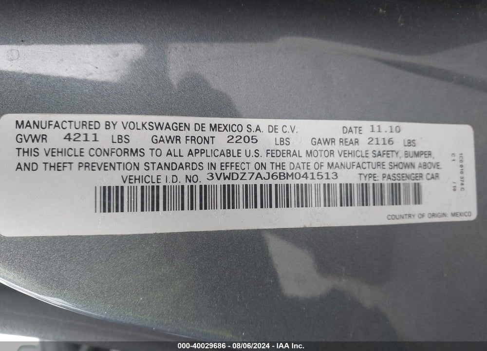 2011 VOLKSWAGEN JETTA 2.5L SE VIN: 3VWDZ7AJ6BM041513