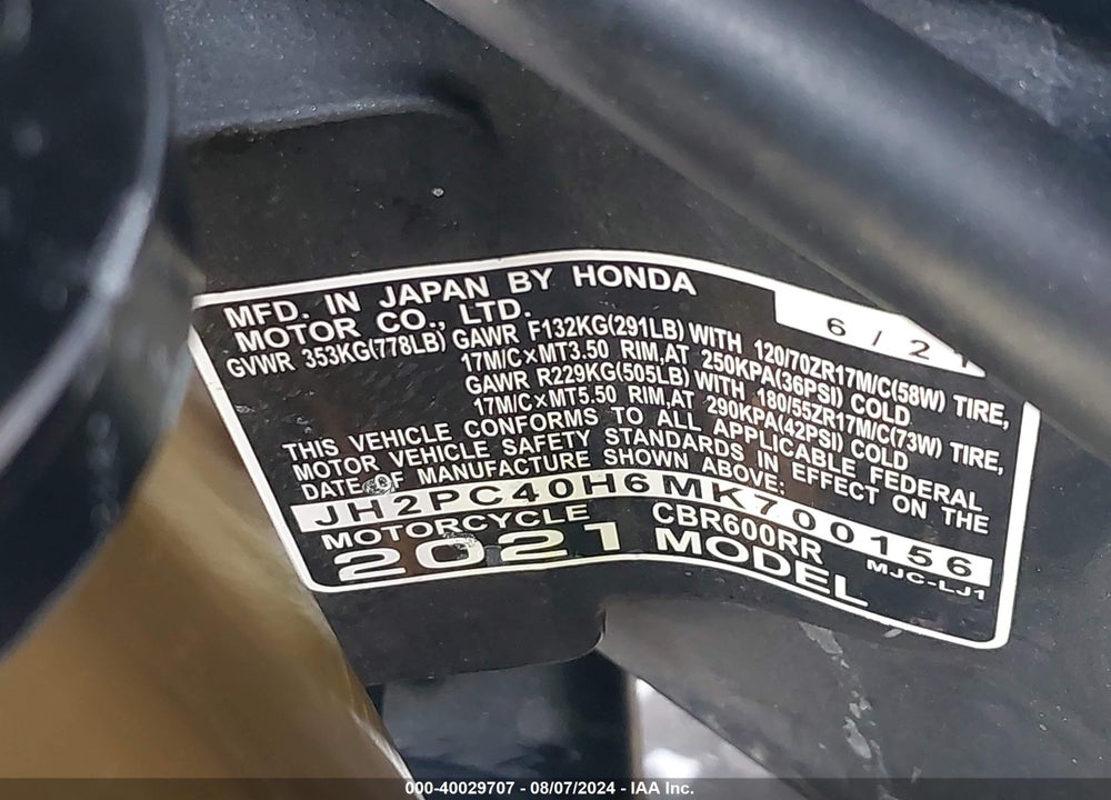 2021 HONDA CBR600 RR VIN: JH2PC40H6MK700156