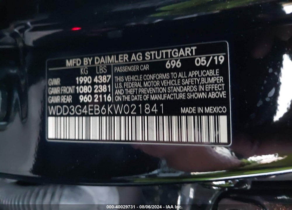 2019 MERCEDES-BENZ A 220 VIN: WDD3G4EB6KW021841
