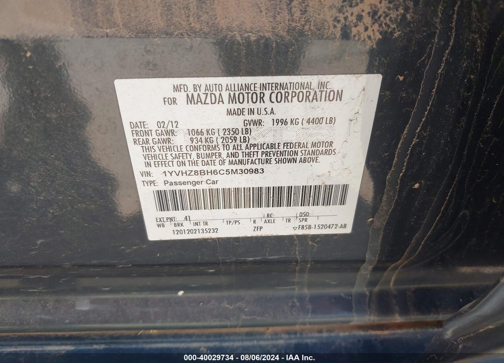 2012 MAZDA MAZDA6 VIN: 1YVHZ8BH6C5M30983
