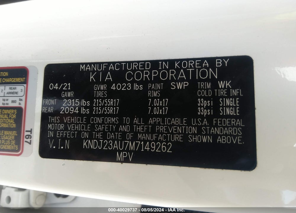 2021 KIA SOUL !/+/S VIN: KNDJ23AU7M7149262