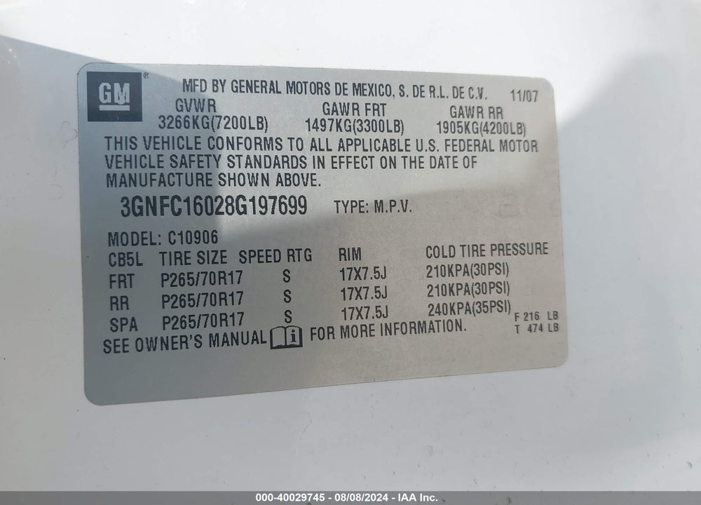 2008 CHEVROLET SUBURBAN 1500 LT VIN: 3GNFC16028G197699