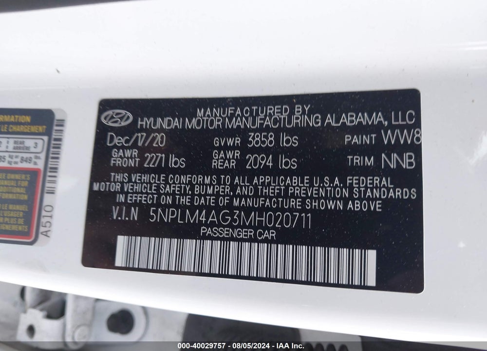 2021 HYUNDAI ELANTRA SEL VIN: 5NPLM4AG3MH020711