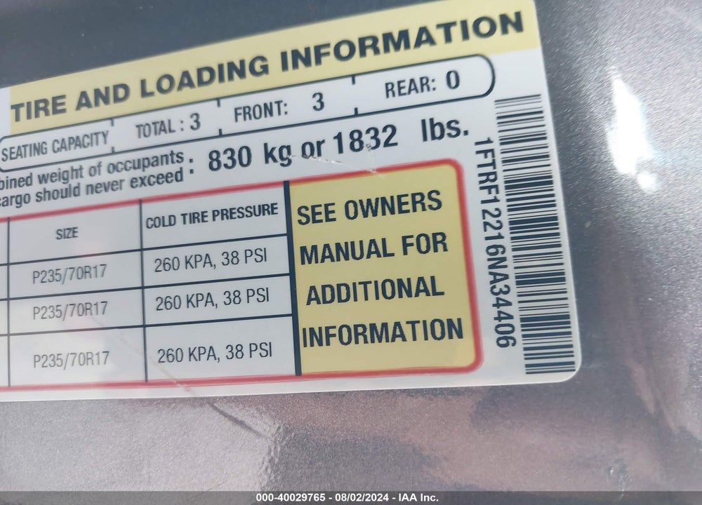 2006 FORD F-150 STX/XL/XLT VIN: 1FTRF12216NA34406