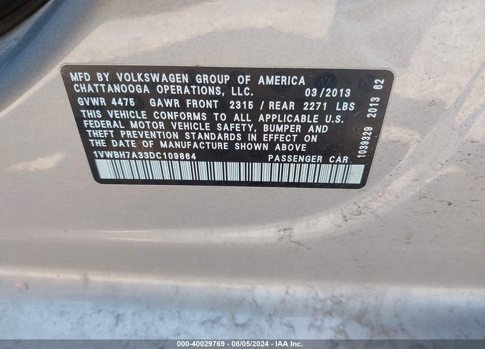 2013 VOLKSWAGEN PASSAT 2.5L SE VIN: 1VWBH7A33DC109864