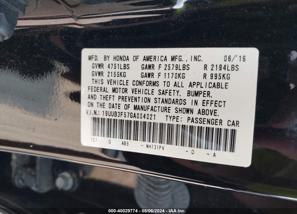 2016 ACURA TLX V6 TECH VIN: 19UUB3F57GA004021