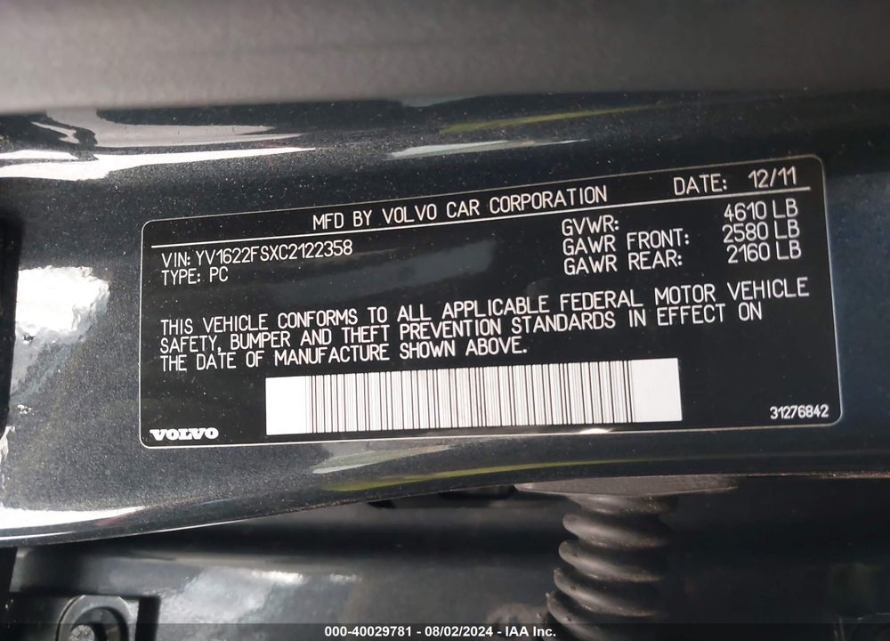 2012 VOLVO S60 T5 VIN: YV1622FSXC2122358