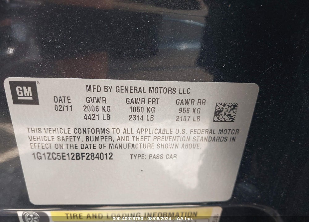 2011 CHEVROLET MALIBU 1LT VIN: 1G1ZC5E12BF284012