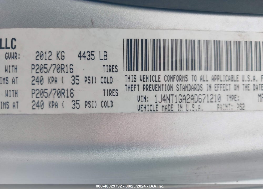 2010 JEEP PATRIOT SPORT VIN: 1J4NT1GA2AD671210