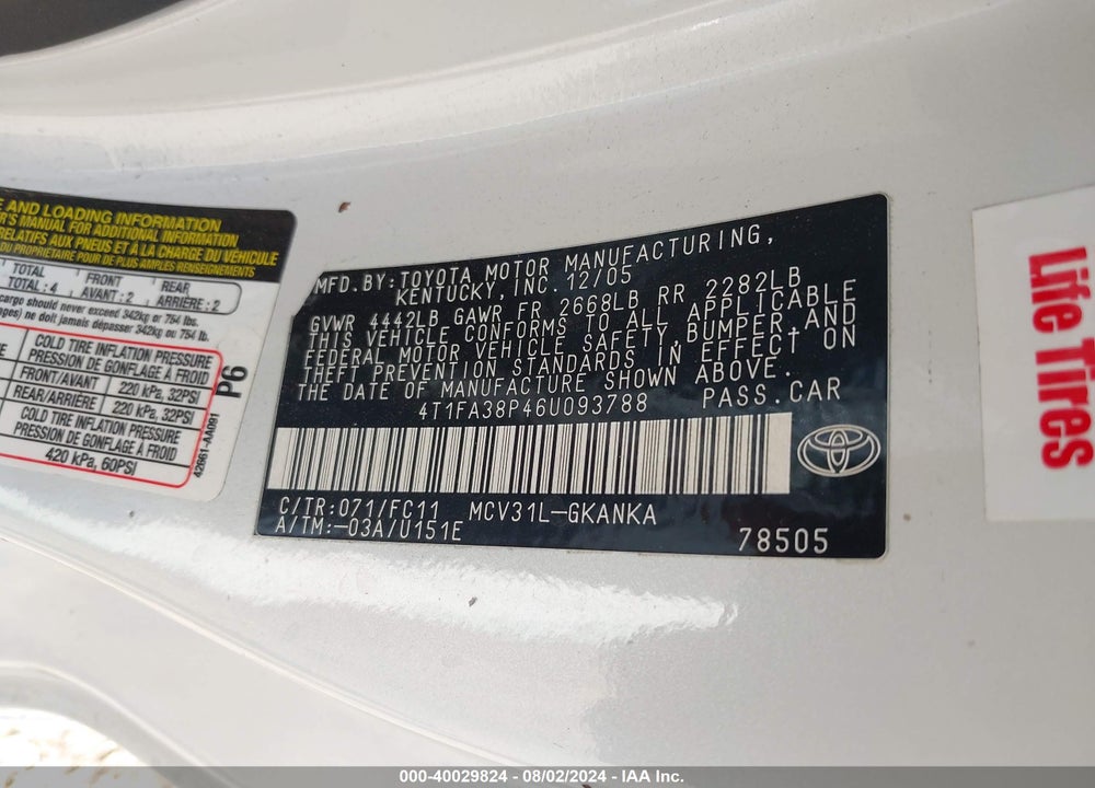 2006 TOYOTA CAMRY SOLARA SE VIN: 4T1FA38P46U093788