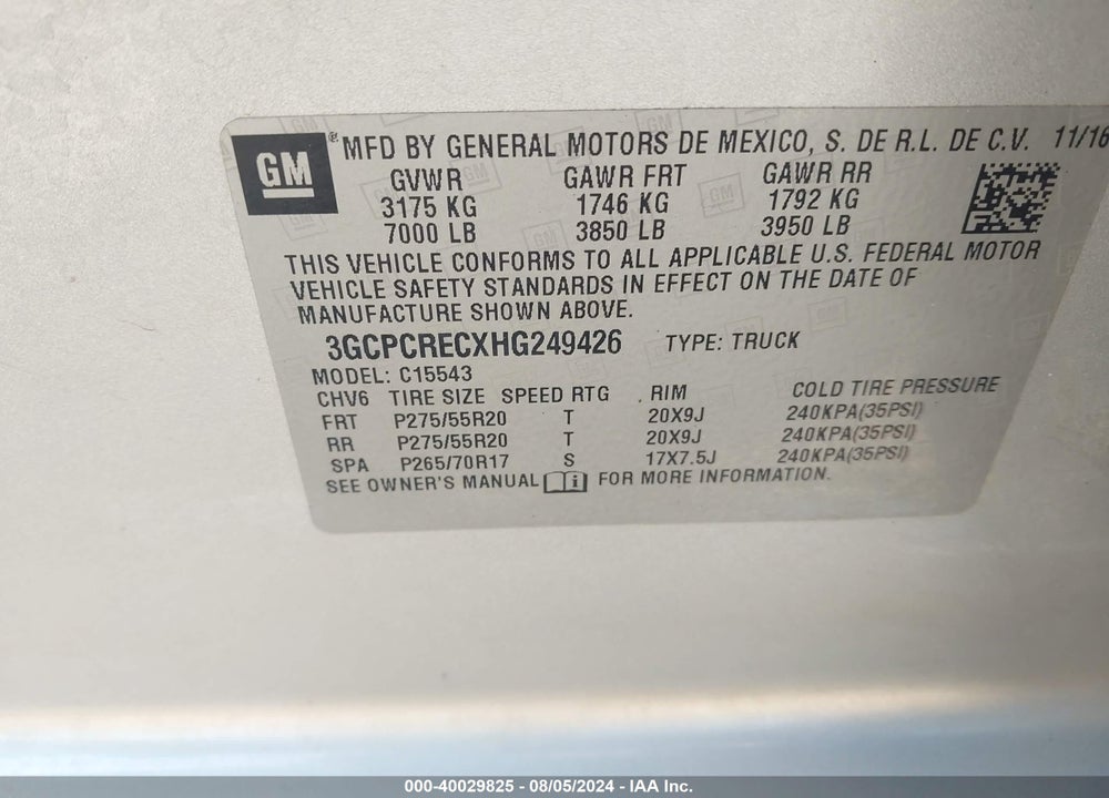 2017 CHEVROLET SILVERADO 1500 1LT VIN: 3GCPCRECXHG249426