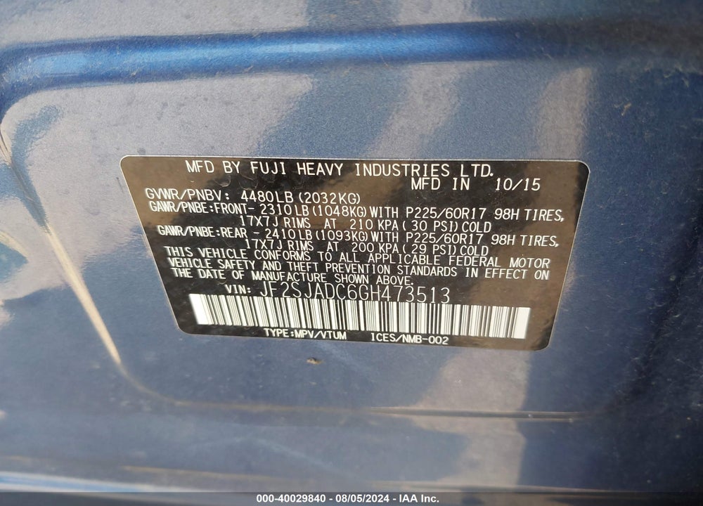 2016 SUBARU FORESTER 2.5I PREMIUM VIN: JF2SJADC6GH473513