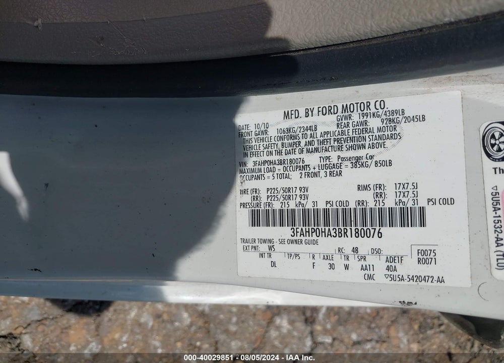 2011 FORD FUSION SE VIN: 3FAHP0HA3BR180076