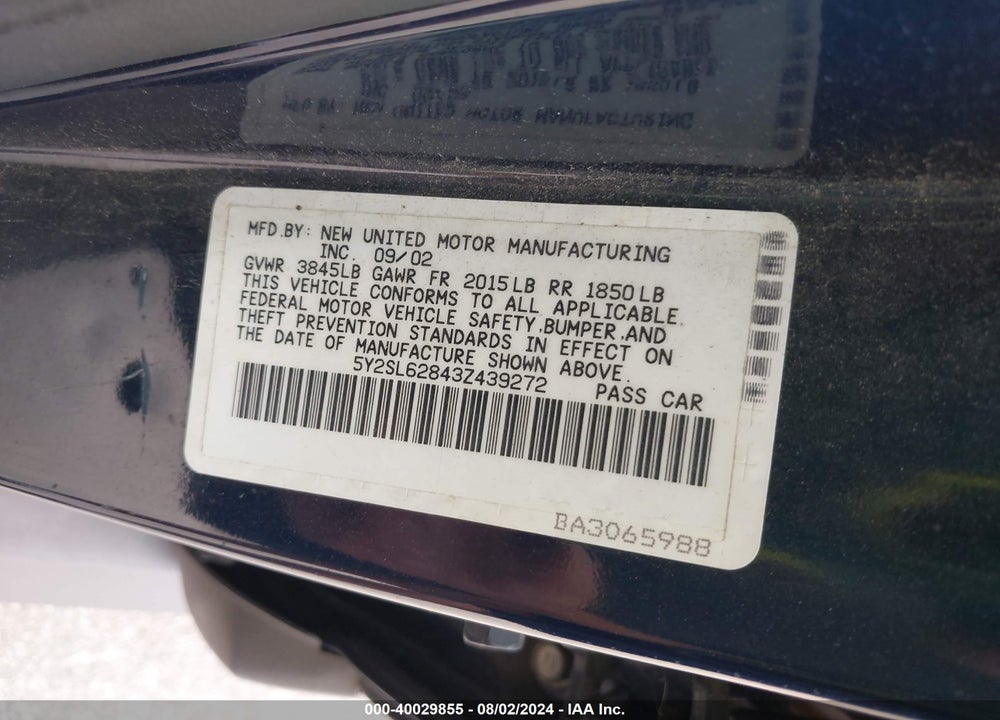 2003 PONTIAC VIBE VIN: 5Y2SL62843Z439272