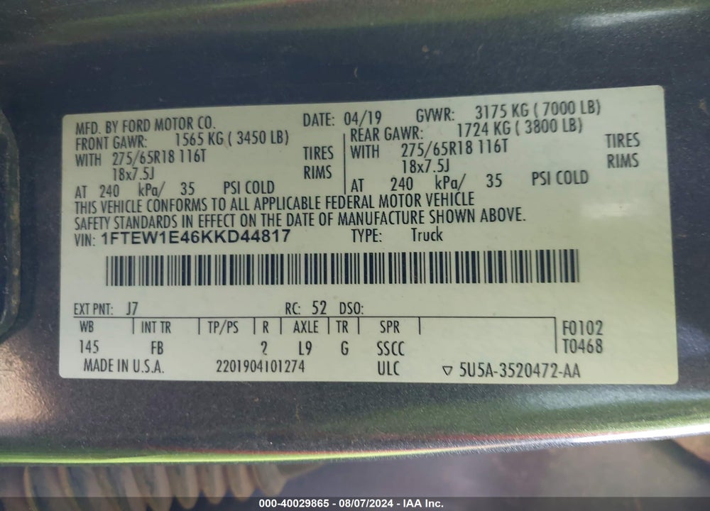 2019 FORD F-150 XLT VIN: 1FTEW1E46KKD44817