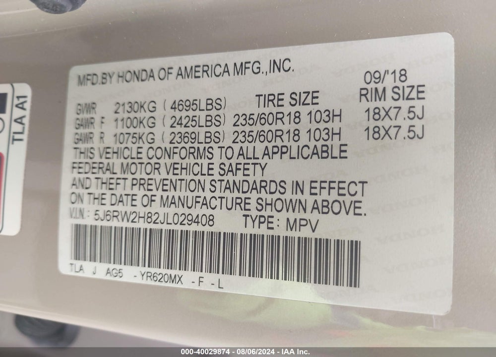 2018 HONDA CR-V EX-L/EX-L NAVI VIN: 5J6RW2H82JL029408
