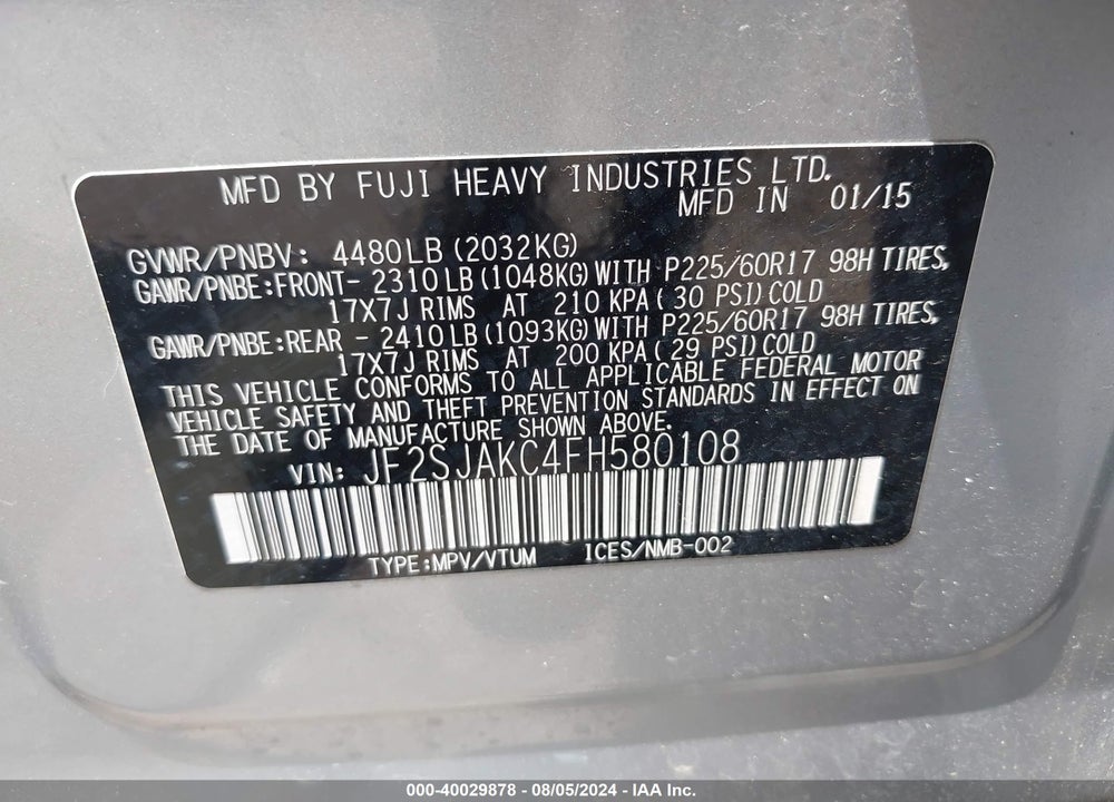 2015 SUBARU FORESTER 2.5I LIMITED VIN: JF2SJAKC4FH580108