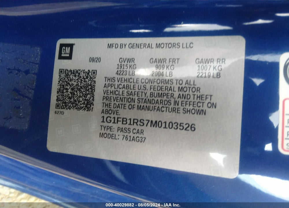 2021 CHEVROLET CAMARO RWD 1LT VIN: 1G1FB1RS7M0103526