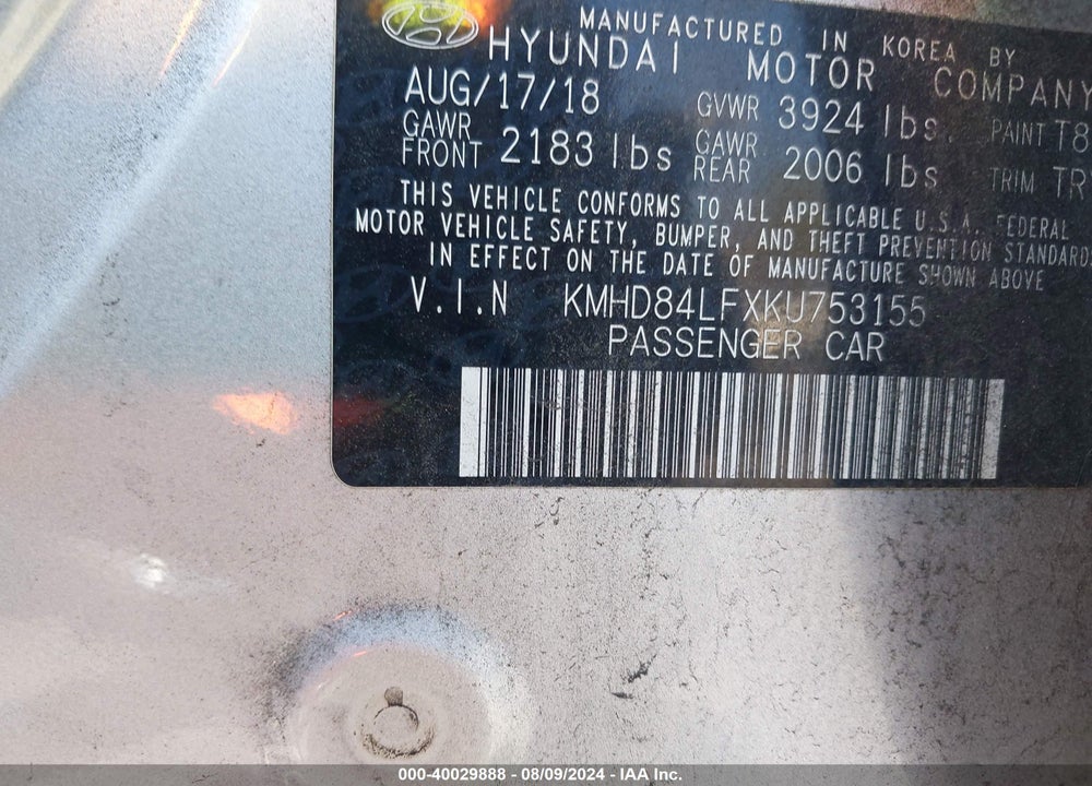 2019 HYUNDAI ELANTRA VIN: KMHD84LFXKU753155