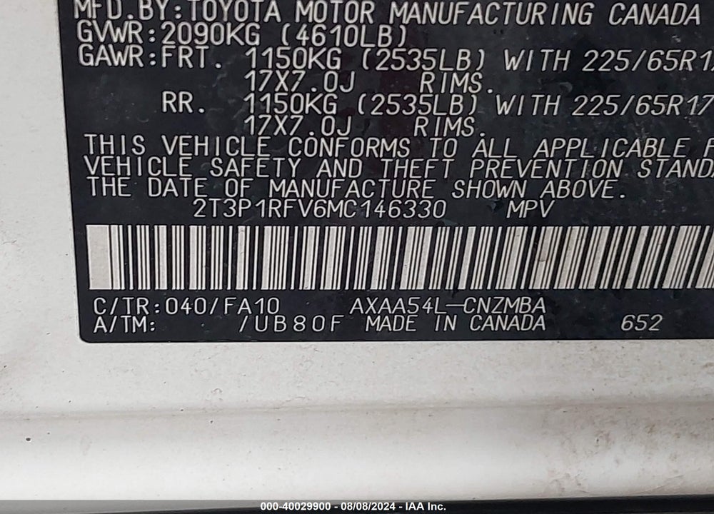 2021 TOYOTA RAV4 XLE VIN: 2T3P1RFV6MC146330