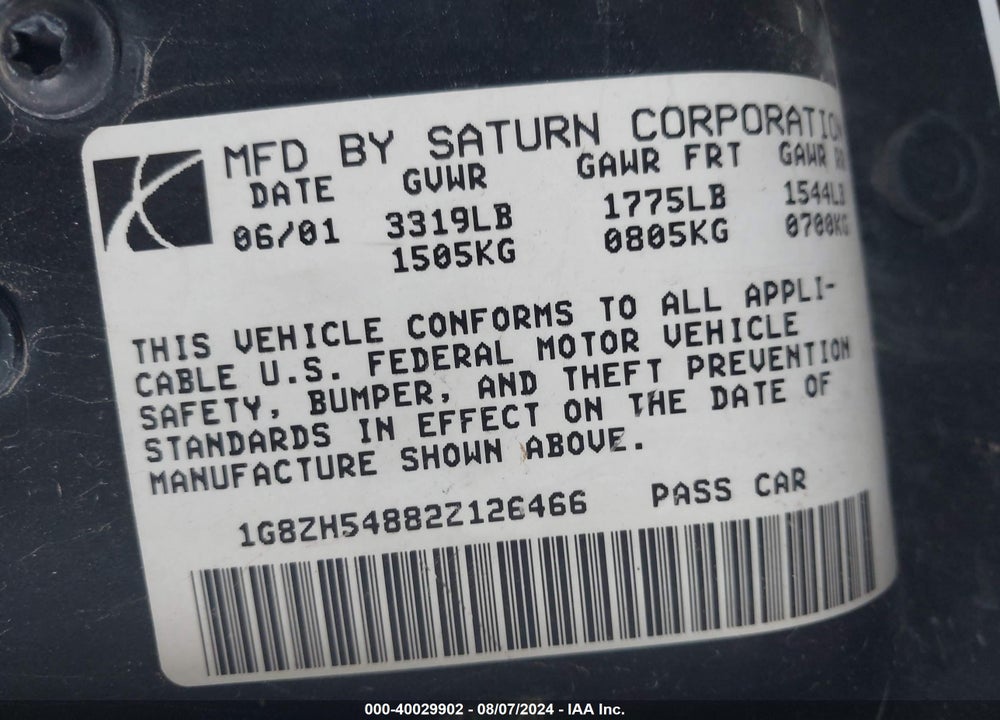 2002 SATURN S-SERIES SL1 VIN: 1G8ZH54882Z126466