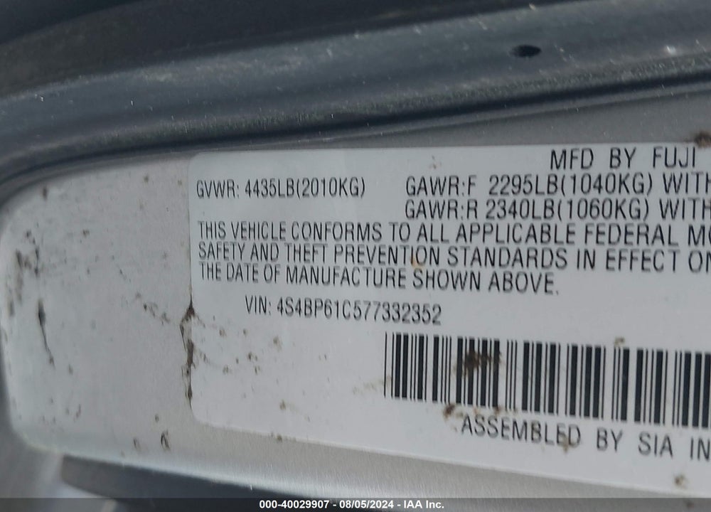 2007 SUBARU OUTBACK 2.5I VIN: 4S4BP61C577332352