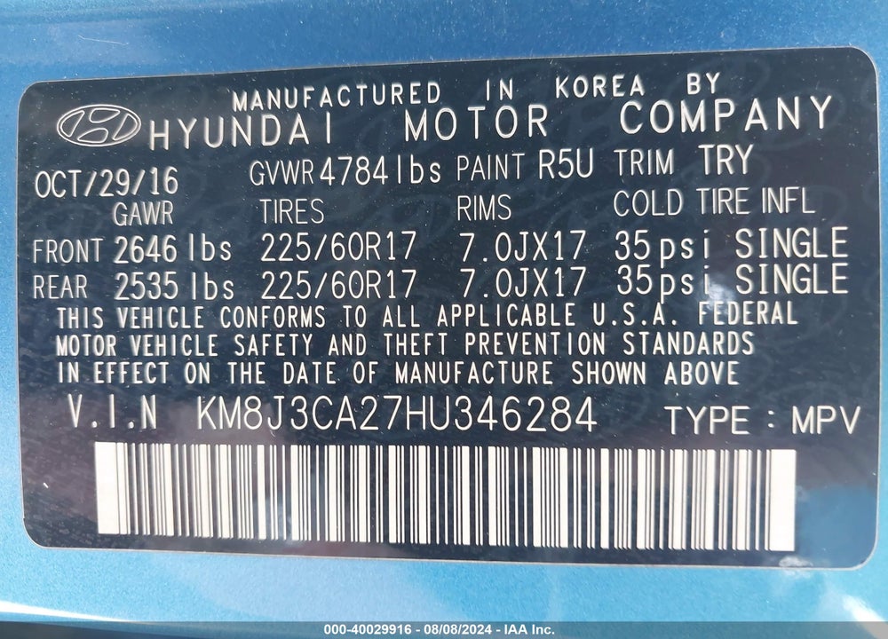 2017 HYUNDAI TUCSON ECO VIN: KM8J3CA27HU346284