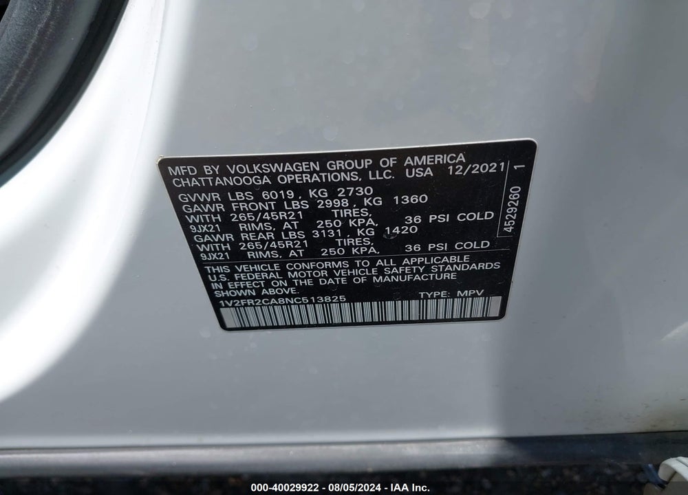 2022 VOLKSWAGEN ATLAS 3.6L V6 SEL PREMIUM R-LINE VIN: 1V2FR2CA8NC513825