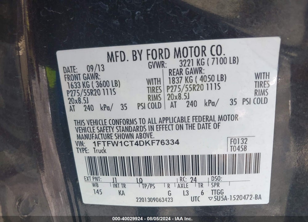 2013 FORD F-150 KING RANCH VIN: 1FTFW1CT4DKF76334
