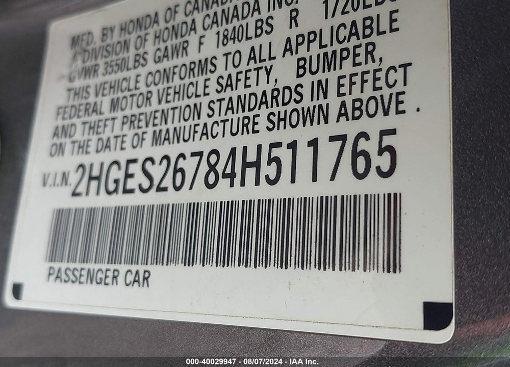 2004 HONDA CIVIC EX VIN: 2HGES26784H511765