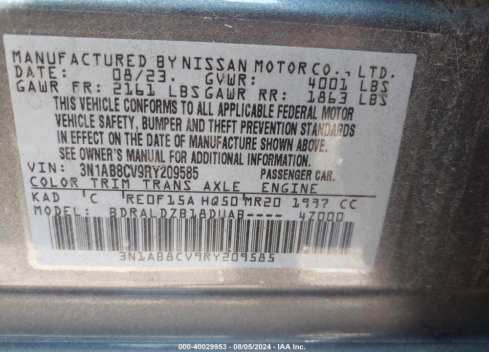 2024 NISSAN SENTRA SV XTRONIC CVT VIN: 3N1AB8CV9RY209585