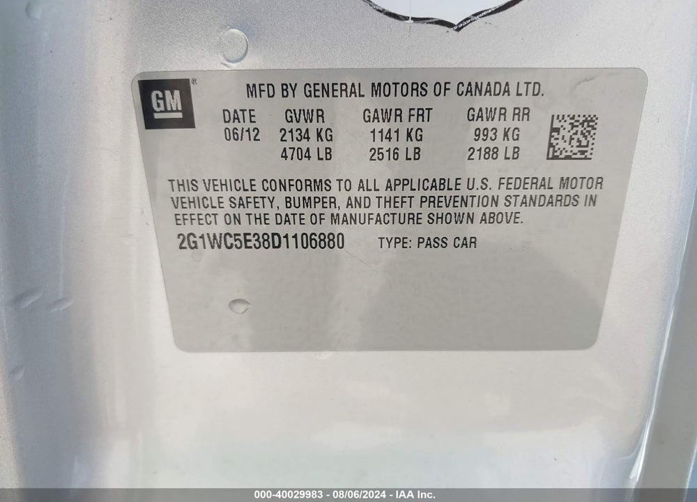 2013 CHEVROLET IMPALA LTZ VIN: 2G1WC5E38D1106880