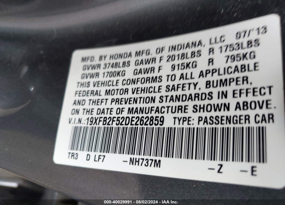 2013 HONDA CIVIC LX VIN: 19XFB2F52DE262859