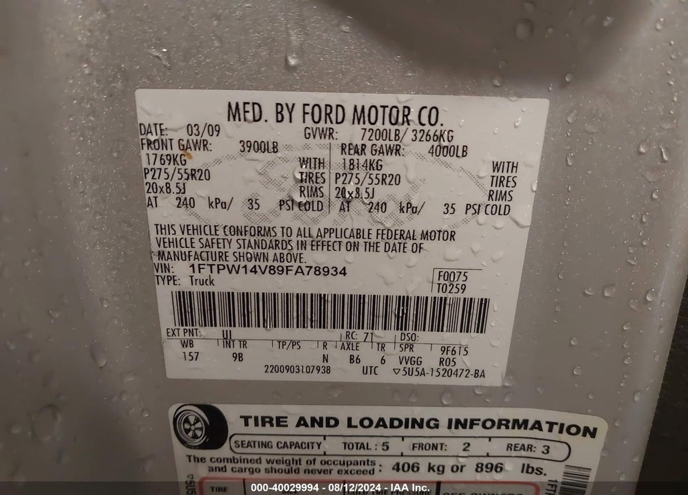 2009 FORD F-150 PLATINUM VIN: 1FTPW14V89FA78934