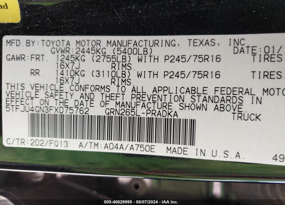 2015 TOYOTA TACOMA VIN: 5TFJU4GN3FX075762