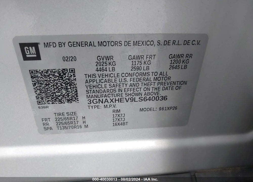 2020 CHEVROLET EQUINOX FWD LS VIN: 3GNAXHEV9LS640036