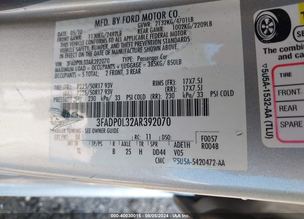 2010 FORD FUSION HYBRID VIN: 3FADP0L32AR392070
