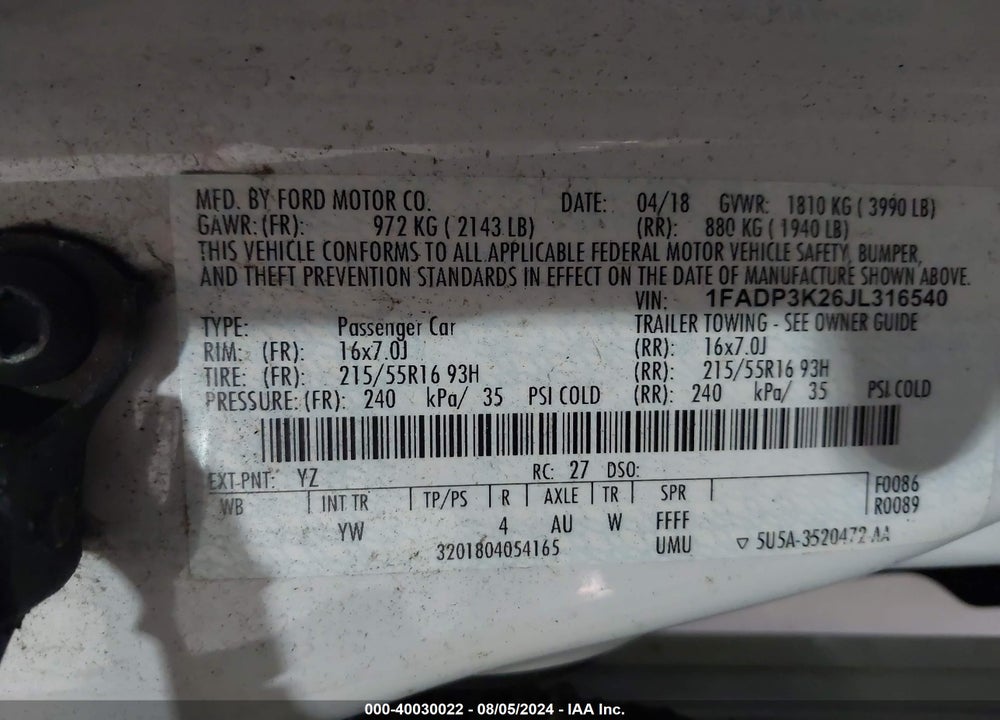 2018 FORD FOCUS SE VIN: 1FADP3K26JL316540