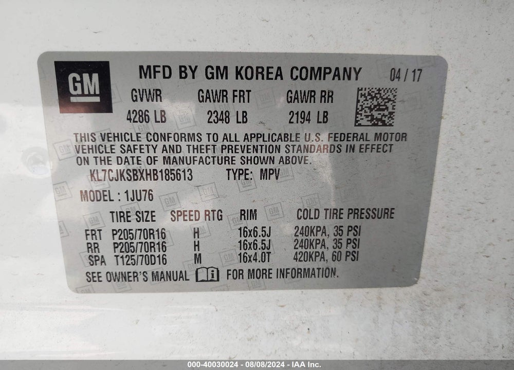 2017 CHEVROLET TRAX VIN: KL7CJKSBXHB185613