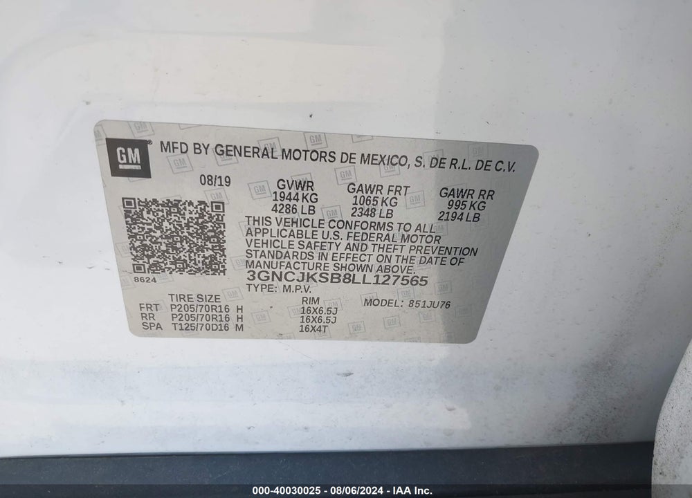 2020 CHEVROLET TRAX FWD LS VIN: 3GNCJKSB8LL127565