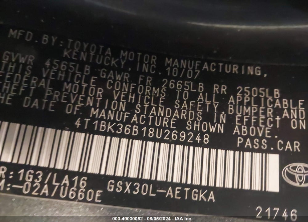 2008 TOYOTA AVALON XLS VIN: 4T1BK36B18U269248
