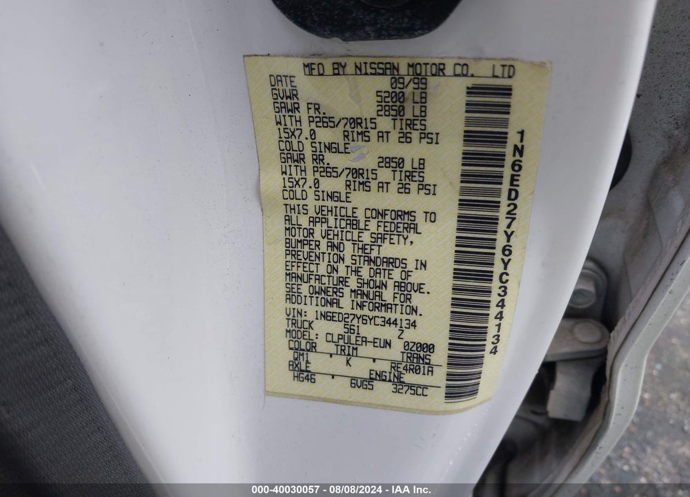2000 NISSAN FRONTIER SE-V6/XE-V6 VIN: 1N6ED27Y6YC344134