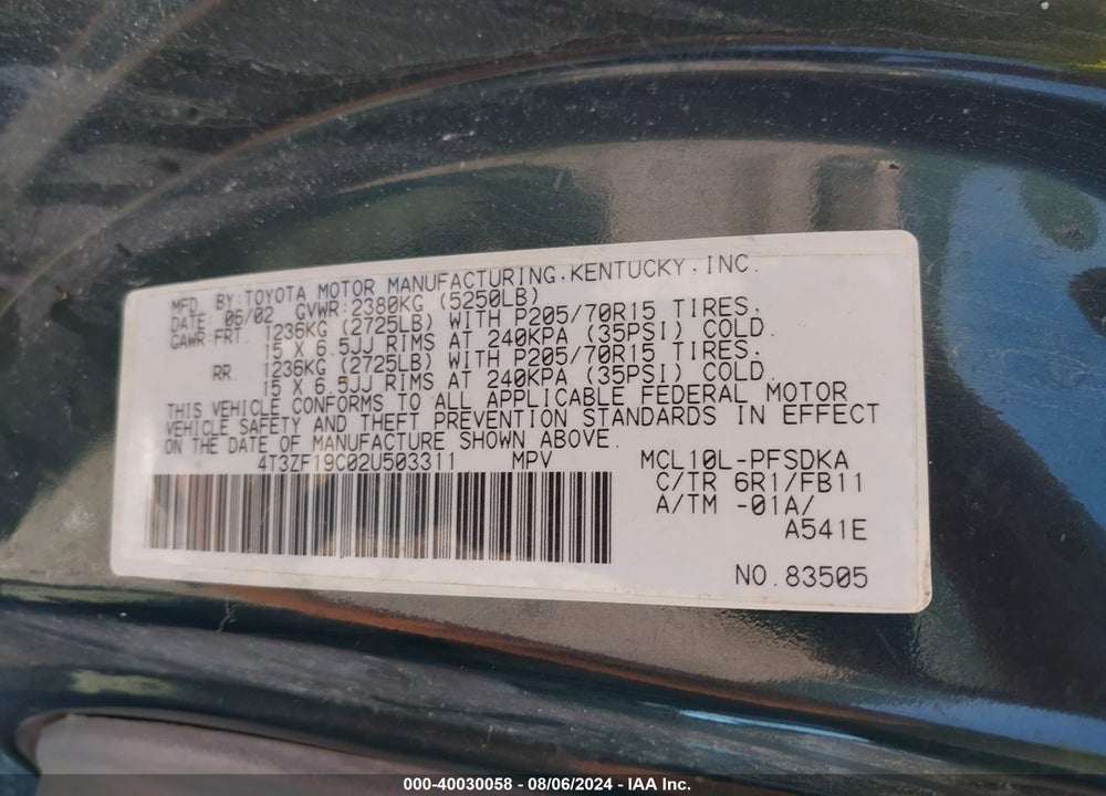 2002 TOYOTA SIENNA CE VIN: 4T3ZF19C02U503311