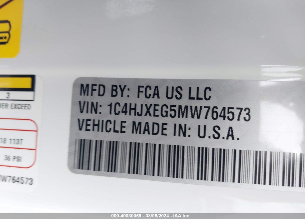 2021 JEEP WRANGLER UNLIMITED VIN: 1C4HJXEG5MW764573