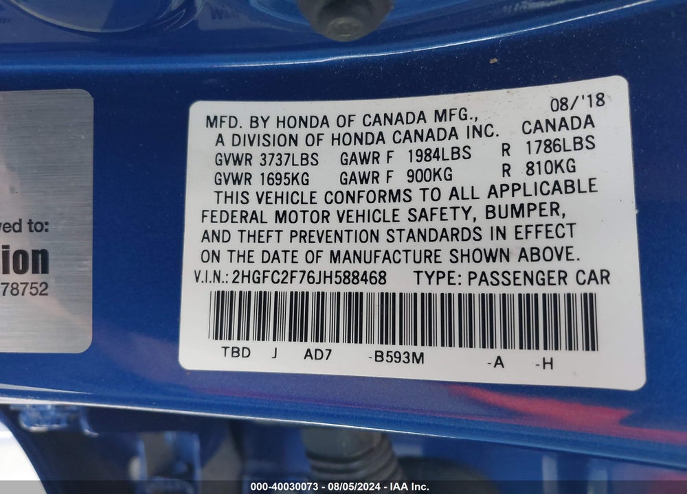 2018 HONDA CIVIC EX VIN: 2HGFC2F76JH588468