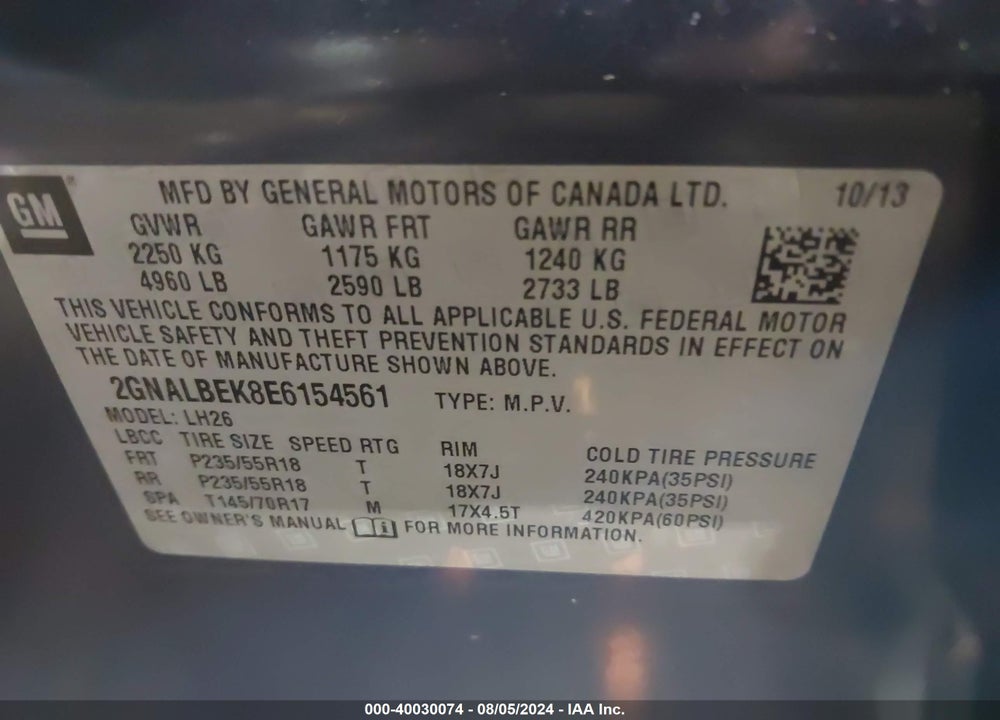 2014 CHEVROLET EQUINOX 1LT VIN: 2GNALBEK8E6154561