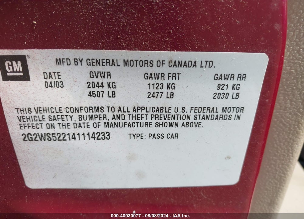 2004 PONTIAC GRAND PRIX GT2 VIN: 2G2WS522141114233