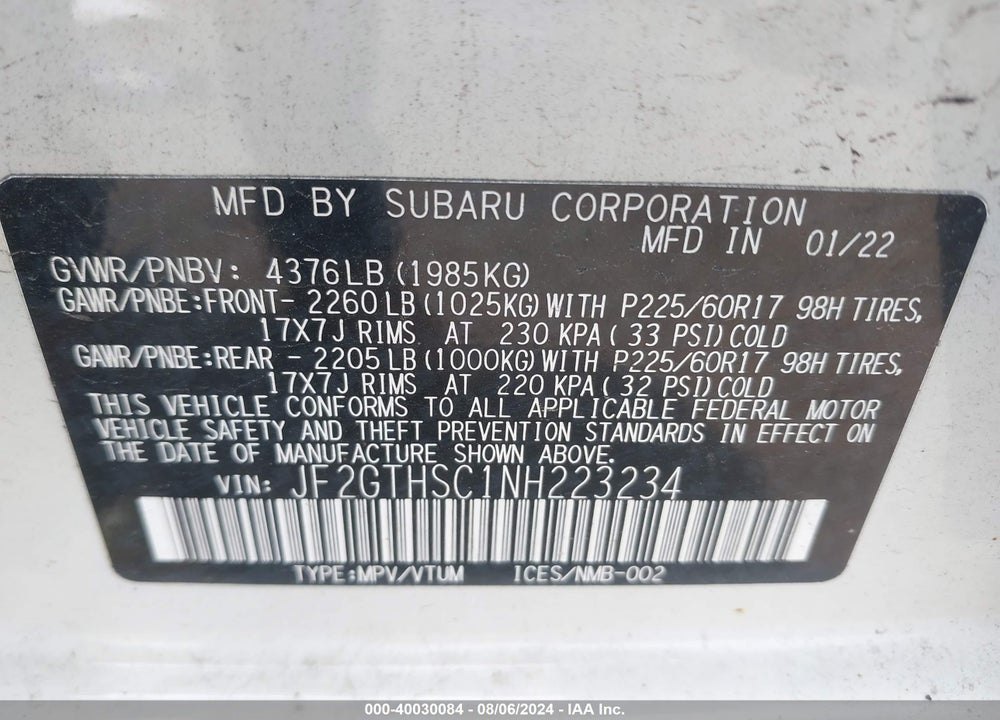 2022 SUBARU CROSSTREK SPORT VIN: JF2GTHSC1NH223234
