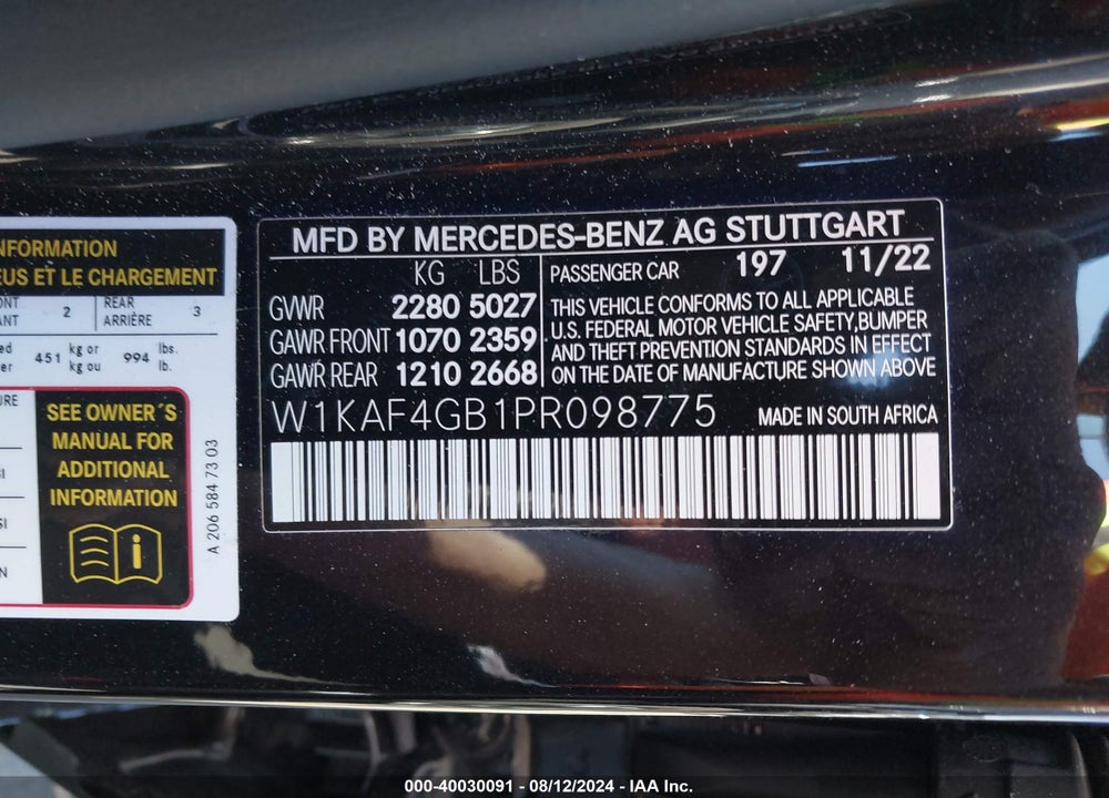 2023 MERCEDES-BENZ C 300 SEDAN VIN: W1KAF4GB1PR098775