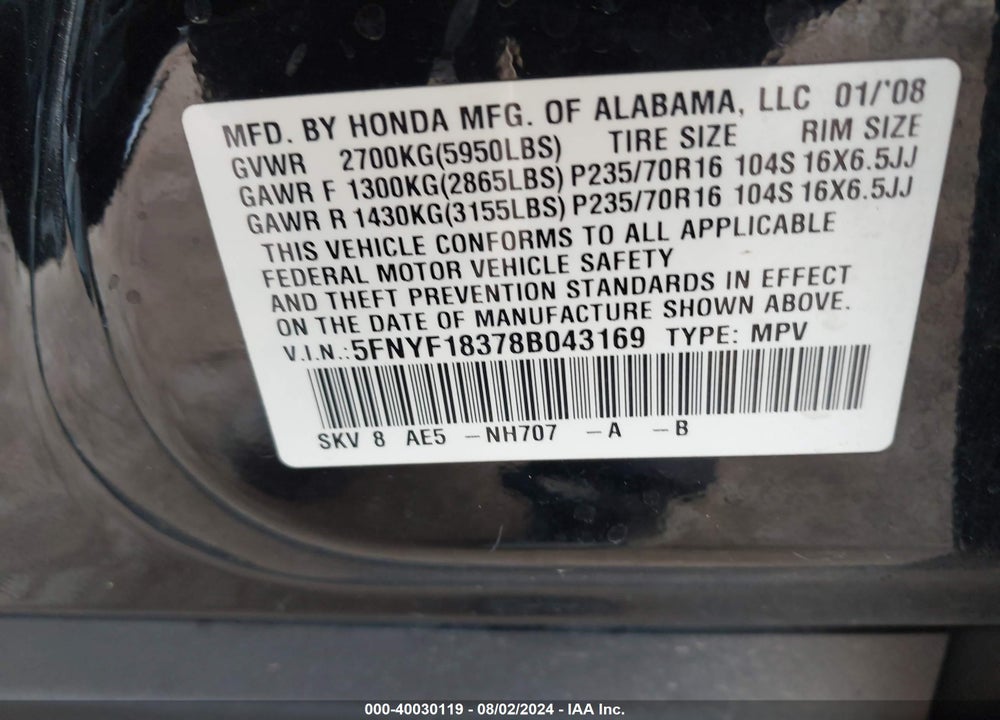 2008 HONDA PILOT SE VIN: 5FNYF18378B043169